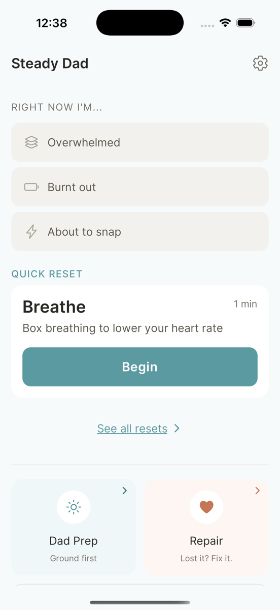 Steady Dad app showing breathing exercises and reset options